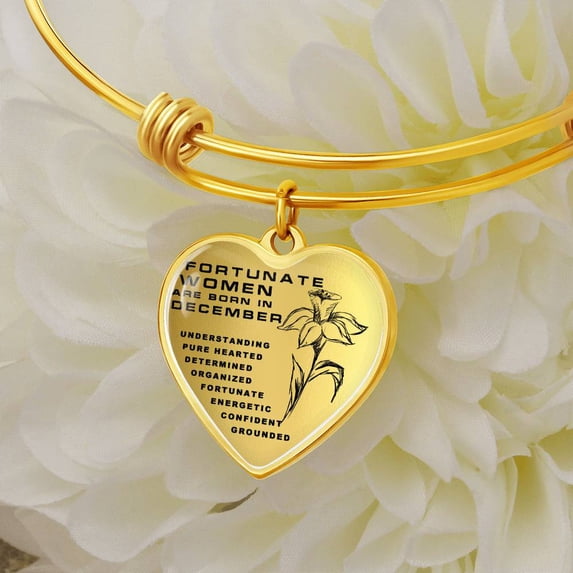 FORTUNATE WOMEN ARE BORN IN DECEMBER PERSONALIZE LUXURY BANGLE WITH CHARM HEART GOLD - Heart Bangle Bracelet - Silver/Gold color, Personalized Engraving Option