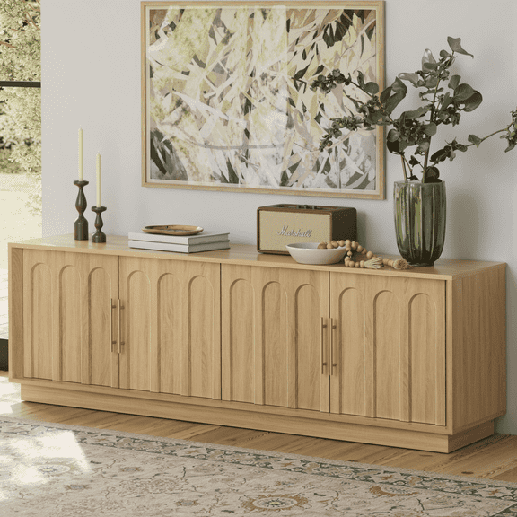 FORTUNETEC TV Stand for 75 Inch TV, Mid Century Modern TV Stand with Arched Design, Wood Grain Finish, Boho Media Console with Adjustable Shelves, 67" Entertainment Center for Living Room, Oak