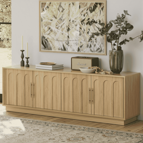 FORTUNETEC Mid Century Modern TV Stand for 75 inch TVs, 67" Entertainment Center with Arched Design, Adjustable Shelves, Oak