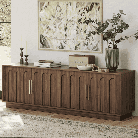 FORTUNETEC Mid Century Modern TV Stand for 75 inch TVs, 67" Entertainment Center with Arched Design, Adjustable Shelves, Walnut