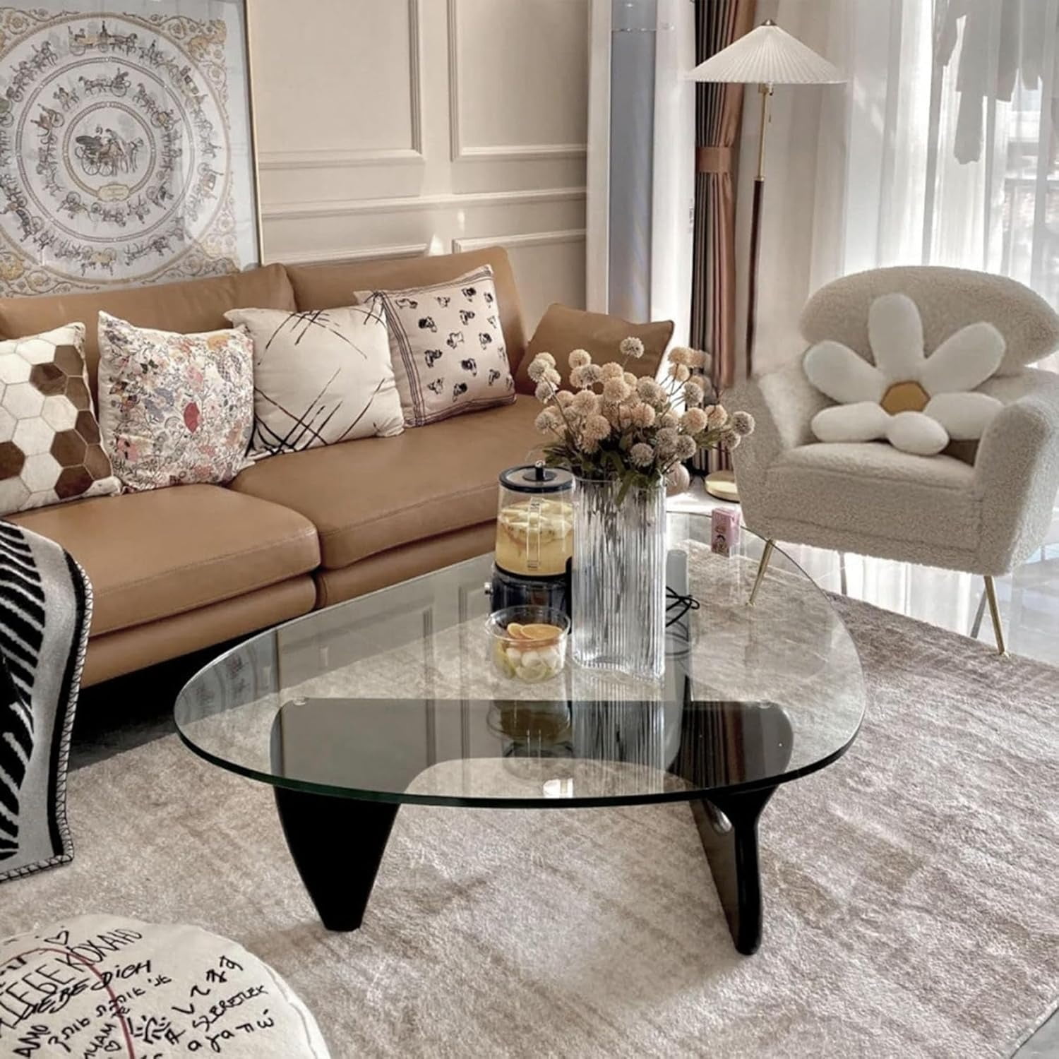 FORU Modern Glass Coffee Table, 32.68" D x 22.44" W x 15.75" H, Abstract Round Tea Tables for Living Room Home Office Industrial Cocktail Tables (Black-transparent Glass, 32.68")