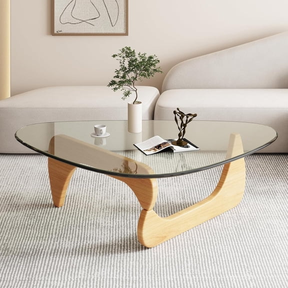 FORU Modern Glass Coffee Table, 32.68" D x 22.44" W x 15.75" H, Abstract Round Tea Tables for Living Room Home Office Industrial Cocktail Tables (Log-Clear Glass, 32.68")