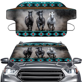 FORUDESIGNS American Tribal Horse Pattern Car Windshield Cover For Ice and Snow Frost Windshield Protector for SUVs Sedans Trucks Portable All-Weather Auto Windscreen Covers with Straps