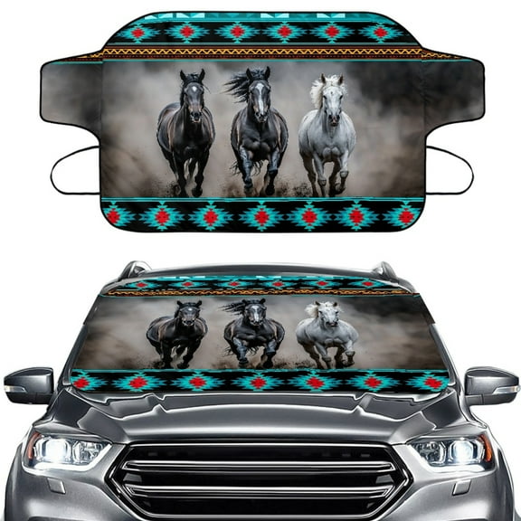 FORUDESIGNS American Tribal Horse Pattern Car Windshield Cover For Ice and Snow Frost Windshield Protector for SUVs Sedans Trucks Portable All-Weather Auto Windscreen Covers with Straps