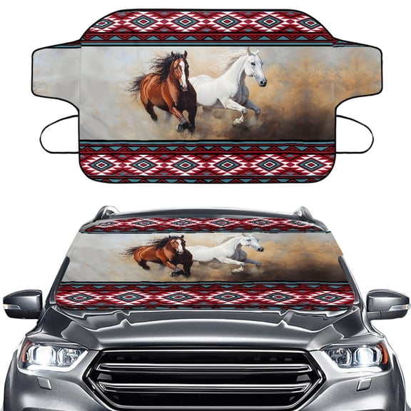 FORUDESIGNS American Tribal Horse Print Car Windshield Cover for Ice and Snow, Scratch-Resistant Car Windshield Snow Cover Auto Windshield Frost Cover Ice Removal Wiper Protector for Vans SUV