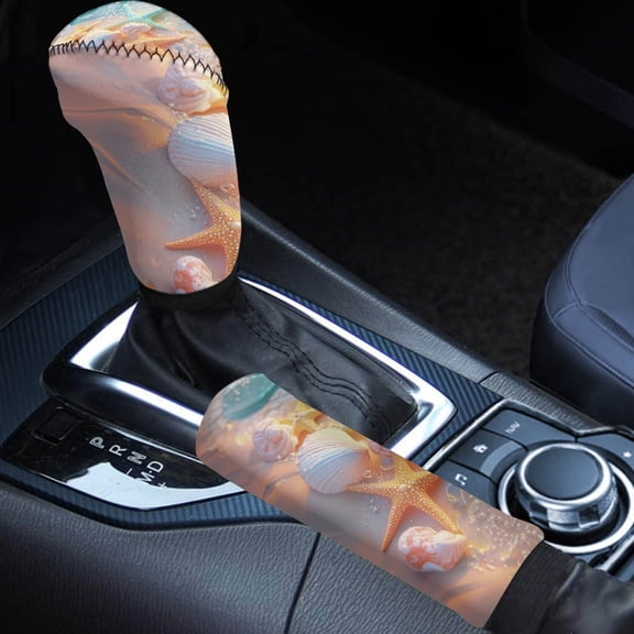 FORUDESIGNS Beach Starfish Seashell Pattern 2 Pack Car Handbrake Cover Gear Shift Cover Set Comfortable Auto Shift Lever Handle Protector Vehicle Gear Shift Knob Cover with Handbrake Cover