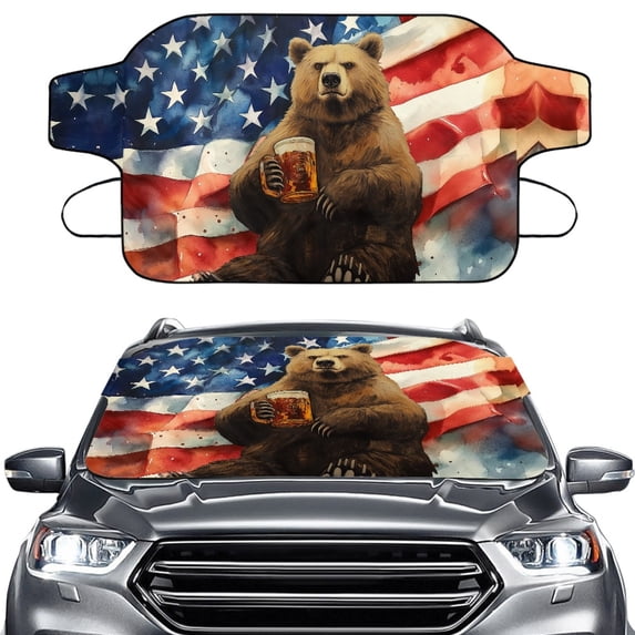 FORUDESIGNS Bear Beer American Flag Print Windshield Snow Cover for Cars Auto Waterproof Windscreen Covers Car Frost Removal Wiper Protector Front Window Automotive Covers Fits Trucks, Vans, SUVs