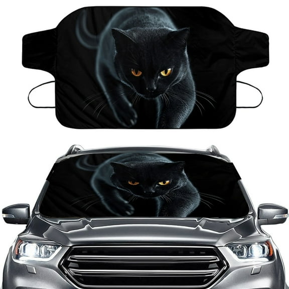 FORUDESIGNS Black Cat Pattern Windshield Snow Cover for Cars Heavy Duty Freeze Protector for Auto Car Windshield Frost Cover Winter Car Accessories for SUVs, Vans