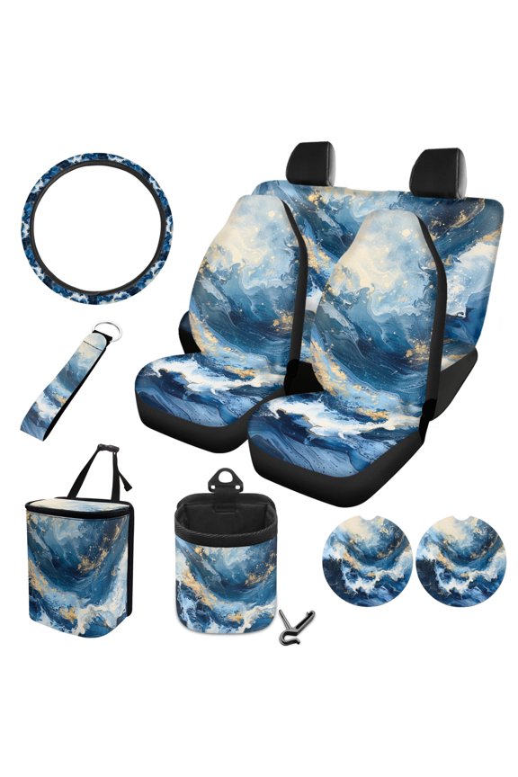 Blue Marble Print Car Seat Covers Full Sets Scratch-Resistant Front Rear Seat Covers, Steering Wheel Cover, Hanging Auto Trash Can, Air Vent Pouch, Coasters, Keychain Interior, Pack of 10