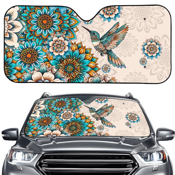 FORUDESIGNS Boho Mandala Hummingbird Pattern Car Windshield Sun Shade Foldable Heat UV Protection Visor Auto Window Sun Blocker Car Interior Sun Protection Keeps Vehicle Cool