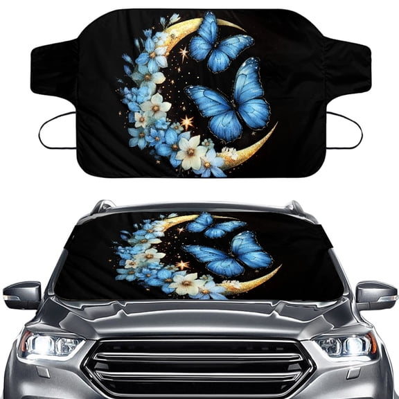 FORUDESIGNS Butterfly Flower Moon Pattern Car Windshield Cover for Ice and Snow, Upgraded Thicken Auto Waterproof Frost Cover Automotive Windshield Protector Car Accessories for All Weather