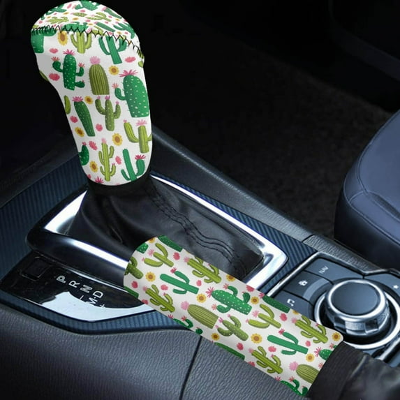FORUDESIGNS Cactus Flower Pattern 2 Pcs Car Handbrake Cover Set with Gear Shift Cover, Waterproof Auto Handbrake Grip Cover Car Accessories Universal Fit for SUV Sedan Van