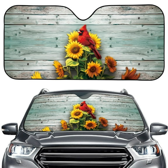 FORUDESIGNS Cardinal Sunflower Wood Pattern Car Windshield Sun Shade Foldable Auto Windshield Dash Protector Auto Window Shades for UV Rays and Sun Screen Protection,57.1 x 27.4 inches