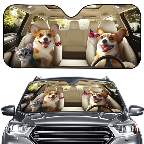 FORUDESIGNS Corgi Dog Print Car Windshield Sunshade, Heat UV Protection Visor, Foldable Auto Front Window Sun Shade for Small Sedans, Mini SUVs, Hatchbacks (57.1"×27.4")