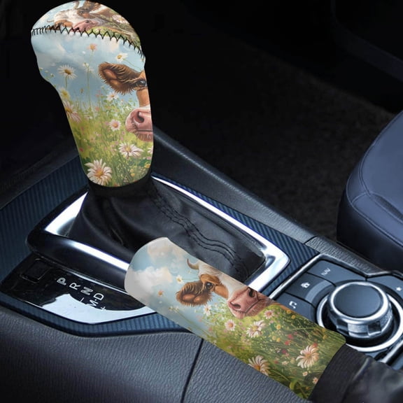 FORUDESIGNS Cow Daisy Print 2 Pieces Car Handbrake Cover Gear Shift Cover Set Dustproof Automotive Handbrake Grip Cover Gear Shift Knob Protector Universal Fit for Suv Sedan Truck