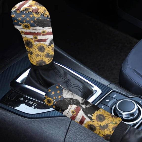 FORUDESIGNS Cow Sunflower American Flag Pattern Car Interior Accessiores for Women 2 pcs Auto Gear Shift Knob Cover Handbrake Cover Waterproof Universal Case Sleeve Hand Protector Car Decoration