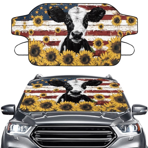 FORUDESIGNS Cow Sunflower American Flag Print Windshield Snow Cover for Cars Auto Waterproof Windscreen Covers Car Frost Removal Wiper Protector Front Window Auto Covers Fits Trucks, Vans, SUVs