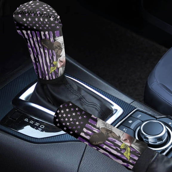 FORUDESIGNS Cow Sunflower Print 2 Pcs Car Shift Knob Cover Handbrake Cover Set, Camo American Flag Design Car Gear Shift Knob Cover and Auto Selector Handball Collar Vehicle Interior Accessories