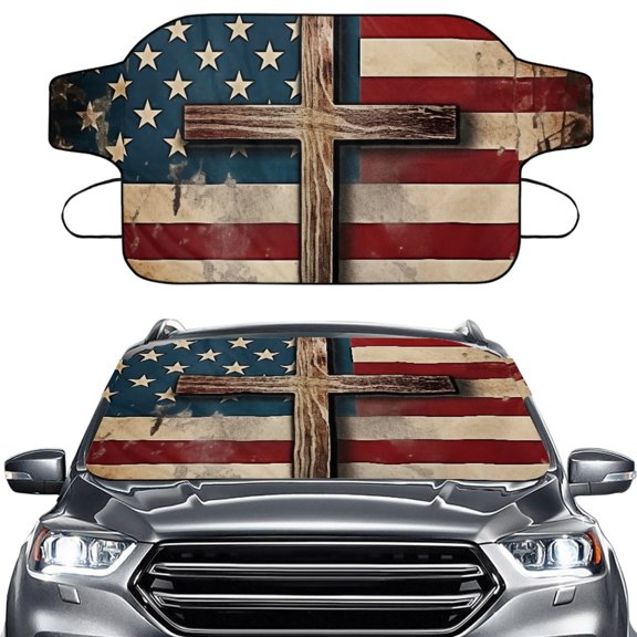 FORUDESIGNS Cross American Flag Print Car Windshield Cover for Ice and Snow Heavy Duty Auto Windshield Protector Universal Waterproof Frost Cover Winter Vehicle Accessories Fit for SUVs, Trucks