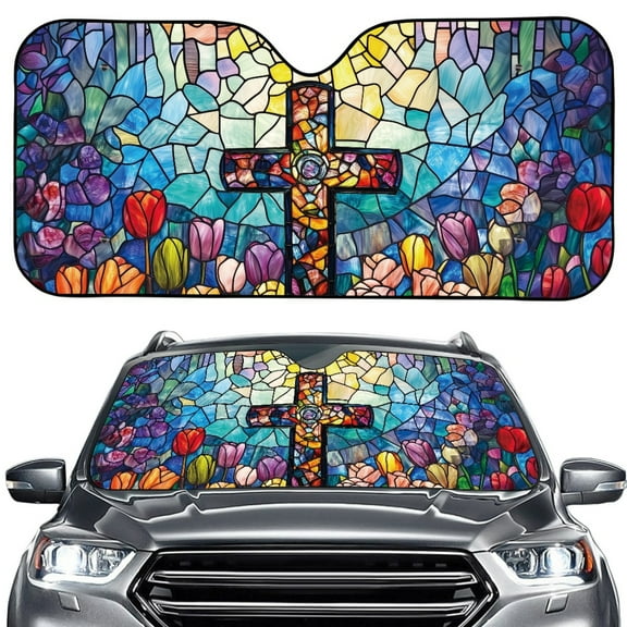 FORUDESIGNS Cross Stained Glass Print Car Windshield Sun Shade Thicken Car Sun Visor Protector Automotive Glass Sunshade Heat UV Protection Visor Accessories Keep Vehicle Cooler