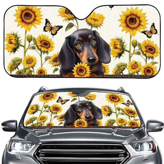 FORUDESIGNS Dachshund Sunflower Butterfly Pattern Car Windshield Sun Shade Portable Auto Glass Sunshade, Universal Windshield Sun Shade Fit for Cars,Trucks,SUVs (57.1 × 27.4 inch)