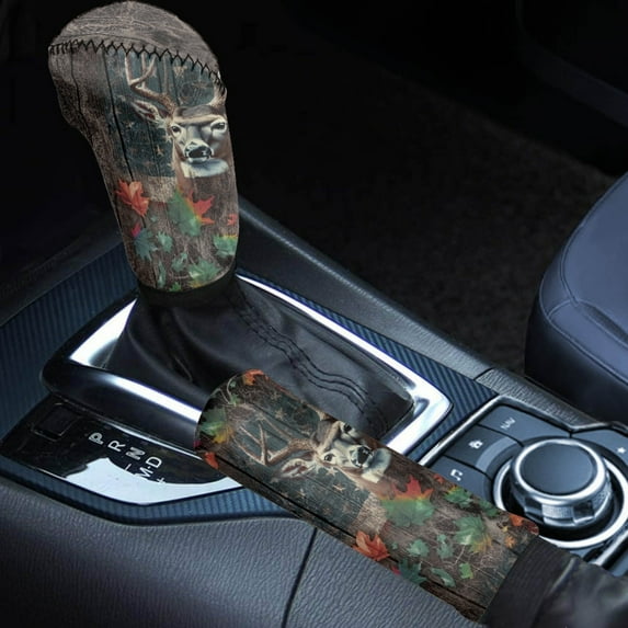 FORUDESIGNS Deer American Flag Pattern 2 Pieces Car Handbrake Cover Car Shift Knob Cover Maple Leaf Design Auto Handbrake Grip Cover Shift Lever Handle Protector Vehicle Decoration