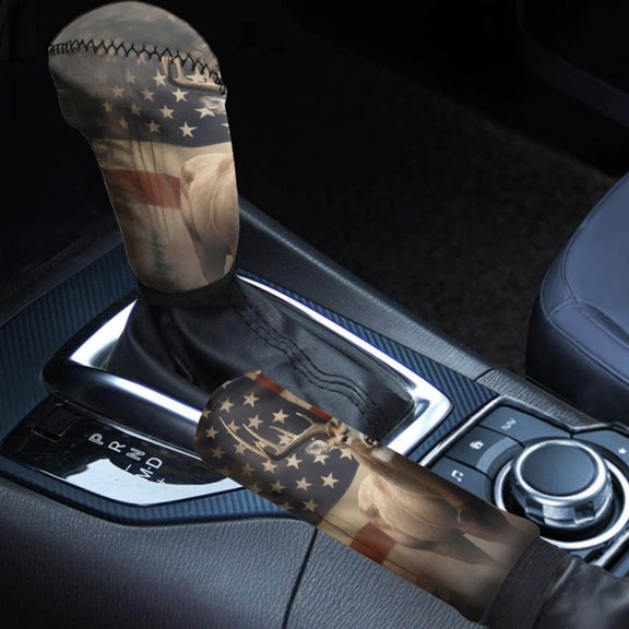 FORUDESIGNS Deer American Flag Print Car Handbrake Cover Gear Shift Knob Cover Set, Washable Auto Gear Shift Cover Set, Universal Vehicle Accessories Set for Cars Truck SUV, Set of 2