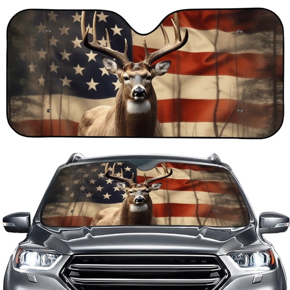FORUDESIGNS Deer American Flag Print Car Windshield Sun Shade Waterproof Reflective Sunshade for Protection Vehicle Interior Accessory Fits Sedans, SUVs (57.1x27.4 inches)