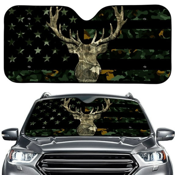 FORUDESIGNS Deer Camo American Flag Pattern Car Windshield Sun Shade Waterproof Vehicle Dashboard Shield Foldable Truck Suv Front Window Shield Blocker Visor Protector Cover