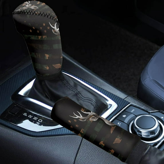 FORUDESIGNS Deer Camo American Flag Print 2 Pack Car Shift Knob Cover Handbrake Cover Wear-Resistan Auto Shift Lever Handle Protector Universal Case Sleeve Hand Protector Vehicle Decoration