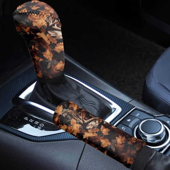 FORUDESIGNS Deer Camo Print Car Handbrake Cover Gear Shift Knob Cover Set, Washable Auto Gear Shift Cover Set, Universal Vehicle Accessories Set for Cars Truck SUV, Set of 2