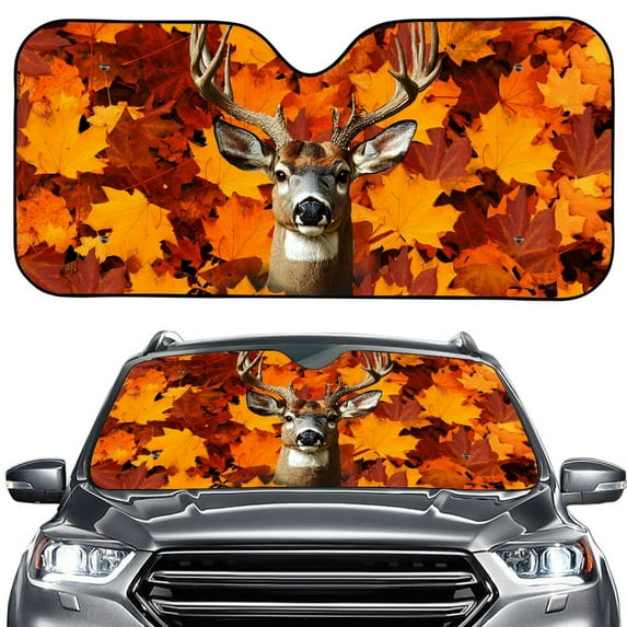 FORUDESIGNS Deer Maple Leaf Print Car Windshield Sun Shade Foldable Auto Window Sun Shade Visor Automotive Sunscreen Reflective Sunshade for Protection (57.1x27.4 inches)