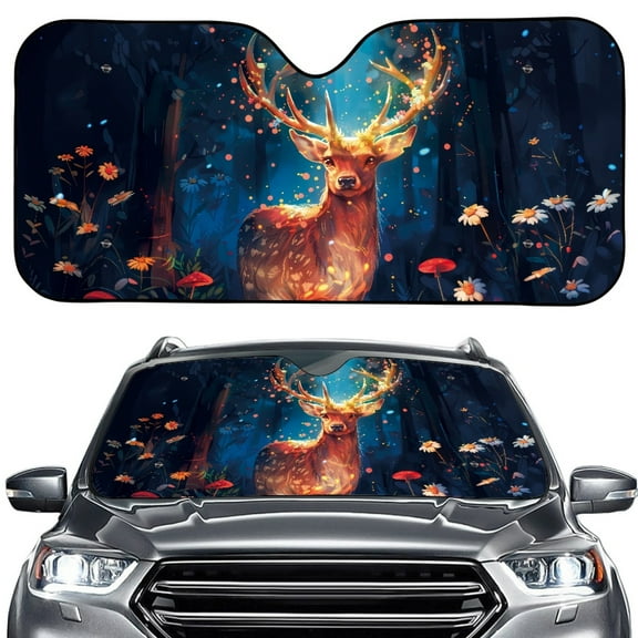 FORUDESIGNS Deer Mushroom Daisy Print Car Windshield Sun Shade Foldable Dashboard Shield for Vehicle Auto Window Shades for UV Rays and Sun Screen Protection,57.1 x 27.4 inches