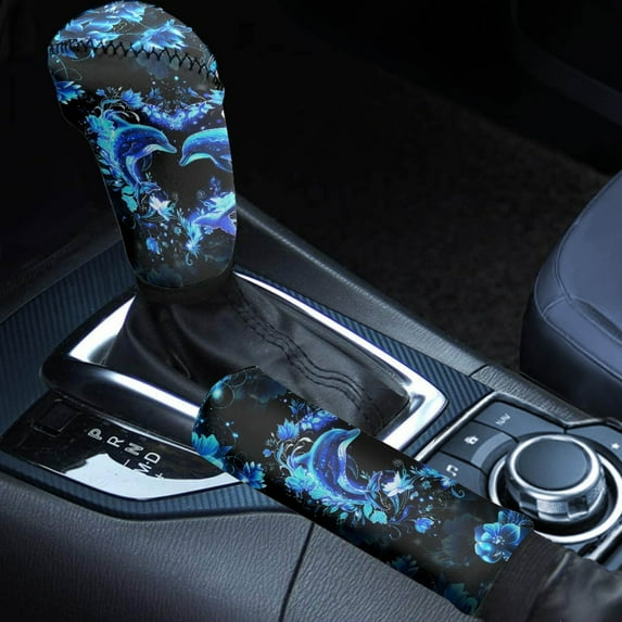 FORUDESIGNS Dolphin Flower Heart Pattern 2 Pieces Car Handbrake Cover Car Shift Knob Cover Soft Smooth Auto Handbrake Grip Cover Shift Lever Handle Protector Vehicle Decoration
