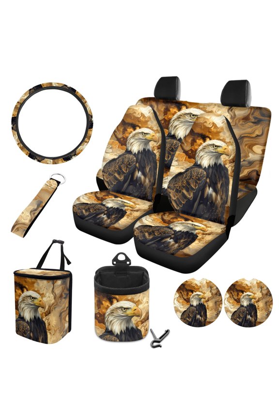 Eagle Marble Print 10 Pieces Car Accessories Sets Wear-Resistan Front Rear Bench Bucket Seat Cover Steering Wheel Cover Car Garbage Can Air Vent Pouch Coaster Keychain Vehicle Interior