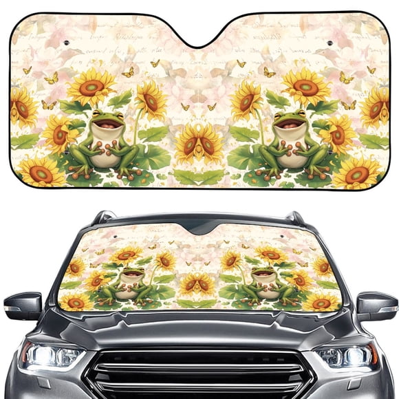 FORUDESIGNS Frog Sunflower Butterfly Pattern Car Windshield Sun Shade Thickened Windshield Dash Protector, Vehicle Dashboard Shield Car Interior Sun Protection (57.1 x 27.4 inch)