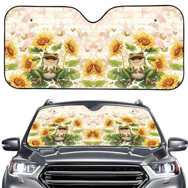 FORUDESIGNS Frog Sunflower Butterfly Pattern Car Windshield Sun Shade Thickened Windshield Dash Protector, Vehicle Dashboard Shield Car Interior Sun Protection (57.1 x 27.4 inch)