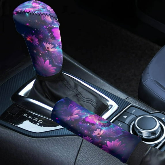 FORUDESIGNS Galaxy Butterfly Daisy Pattern Car Handbrake Cover Gear Shift Cover Set of 2 Waterproof Auto Handle Level Stick Knob Cover Car Selector Handball Collar Vehicle Interior Decoration