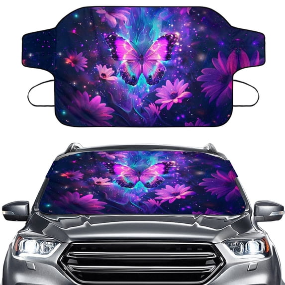 FORUDESIGNS Galaxy Butterfly Daisy Pattern Car Windshield Cover for Ice and Snow, Upgraded Thicken Auto Waterproof Frost Cover Automotive Windshield Protector Car Accessories for All Weather