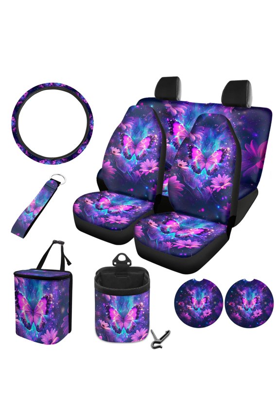Galaxy Butterfly Daisy Print 10 Pcs Car Seat Cover Waterproof Car Garbage Can Steering Wheel Cover Vehicle Car Trash Can Air Vent Pouch Coaster Lanyard Keychain Automobile Interior Set
