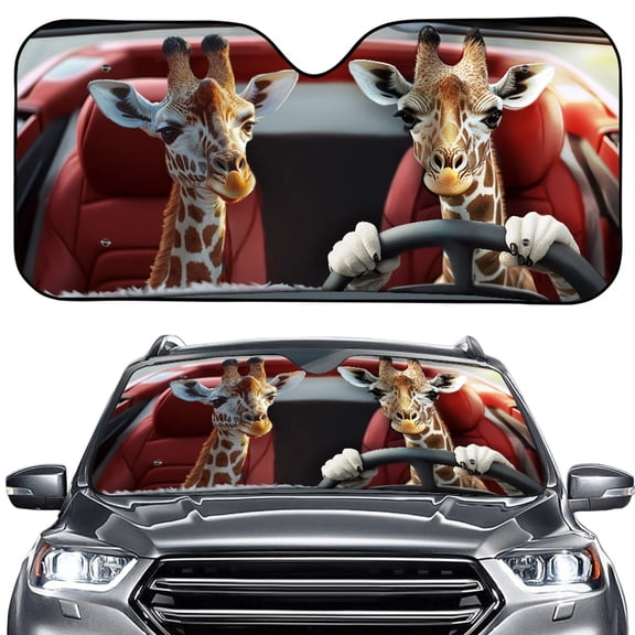 FORUDESIGNS Giraffe Print Car Windshield Sunshade, Heat UV Protection Visor, Foldable Auto Front Window Sun Shade for Small Sedans, Mini SUVs, Hatchbacks (57.1"×27.4")