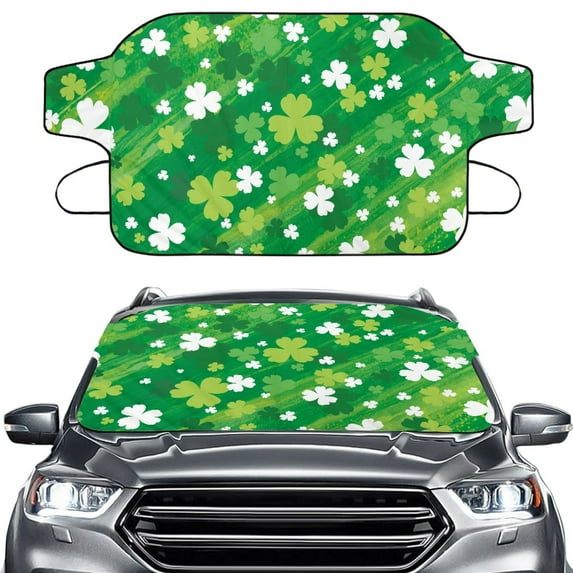 FORUDESIGNS Green Shamrock Pattern Car Windshield Snow Cover, Car Windshield Cover for Ice and Snow, Automotive Windshield Frost Cover St. Patrick's Day Accessories Suitable for Most Vehicle