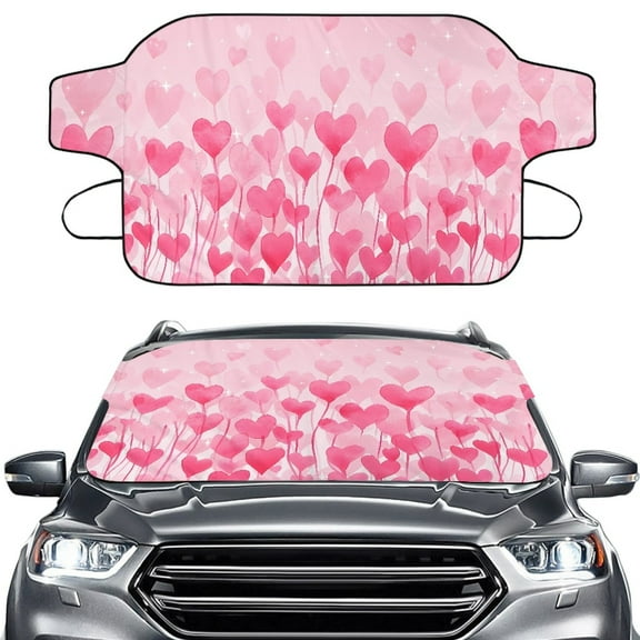 FORUDESIGNS Heart Print Car Windshield Snow Cover All-Weather Car Windshield Cover for Ice and Snow Auto Waterproof Frost Removal Wiper Protector Valentine's Day Decoration for Truck SUV
