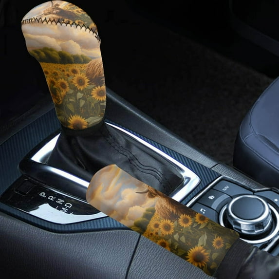 FORUDESIGNS Highland Cattle Sunflower Pattern 2 Pcs Car Handbrake Cover Set with Gear Shift Cover, Washable Auto Handbrake Grip Cover Stretchy Car Accessories Universal Fit for SUV Sedan Van