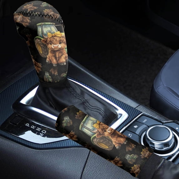 FORUDESIGNS Highland Cattle Truck Print Car Gear Shift Knob Cover Handbrake Cover Set, Dustproof Car Shift Lever Handle Protector, Universal Case Sleeve Hand Protector for Truck SUV, Set of 2