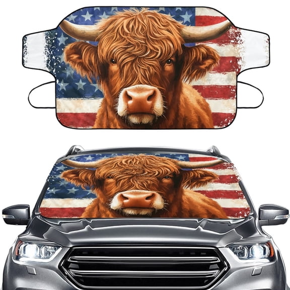 FORUDESIGNS Highland Cow American Flag Print Car Windshield Snow Cover, Wear-Resistan Car Frost Ice Windscreen Covers Vehicle Snow Protector Covers Windscreen Covers for Auto SUV Van Truck