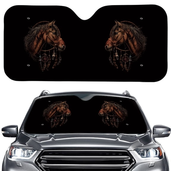 FORUDESIGNS Horse Dreamcatcher Print Car Windshield Sunshade, Heat UV Protection Visor, Foldable Auto Front Window Sun Shade for Small Sedans, Mini SUVs, Hatchbacks (57.1"×27.4")