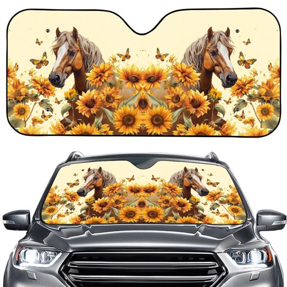 FORUDESIGNS Horse Sunflower Butterfly Pattern Car Windshield Sun Shade Portable Auto Glass Sunshade, Universal Windshield Sun Shade Fit for Cars,Trucks,SUVs (57.1 × 27.4 inch)