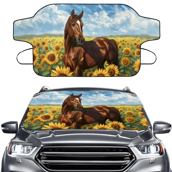 FORUDESIGNS Horse Sunflower Print Car Windshield Cover for Ice and Snow, Auto Frost Removal Wiper Protector, All Weather Waterproof Sunshade Snow Cover Fits Most SUVs Trucks