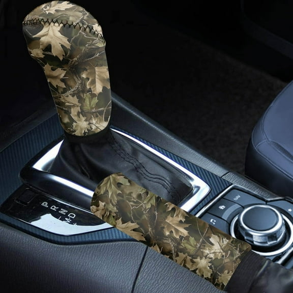 FORUDESIGNS Hunting Camo Pattern 2 Pieces Car Gear Shift Cover Set for Women Men, Non-Slip Auto Gear Shift Knob Protector with Handbrake Cover Automotive Interior Decoration